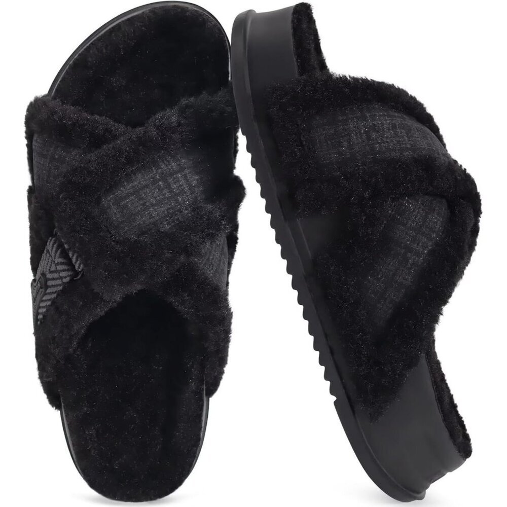 Women's Black Fuzzy Furry Faux Fur Cross Band Arch Open Slippers Slides Shoes